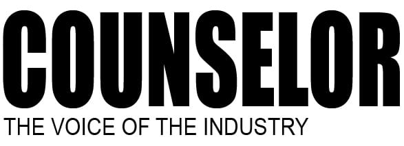 The image displays the word COUNSELOR in bold, black capital letters. Beneath it, in smaller font, is the phrase The Voice of the Industry—a steadfast guide much like custom tents at an outdoor event.