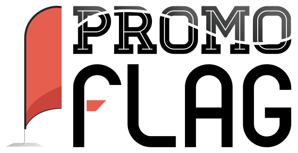 Logo featuring the words PROMO FLAG in bold black letters. An illustration of a red flag on a curved pole is integrated into the design, positioned next to the word PROMO, evoking the sleek elegance of custom printed flags.