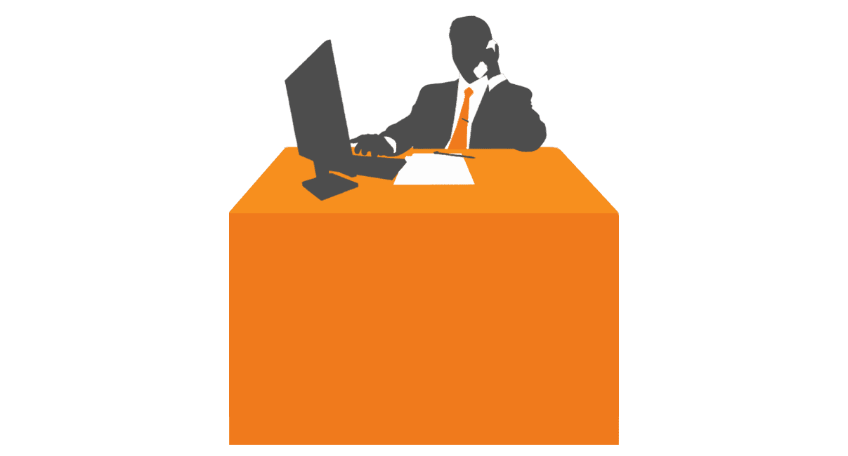 Silhouette of a person wearing a headset, sitting at an orange desk adorned with custom printed tablecloths, along with a computer monitor and papers, suggesting a vibrant working environment.