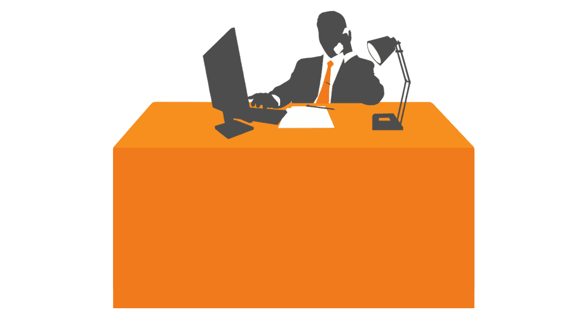 A silhouette of a person sits at an orange desk adorned with custom printed tablecloths, flanked by a computer monitor, lamp, phone, and papers. The scene exudes a professional business setting.