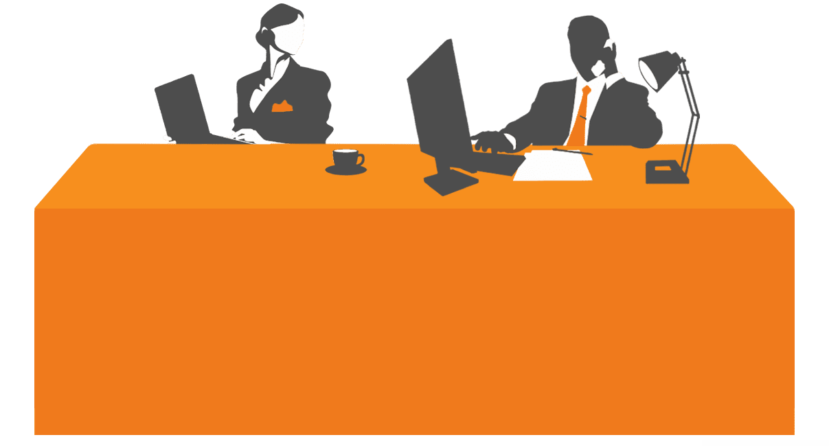 Silhouettes of a man and woman sit at a large orange desk adorned with custom printed tablecloths. The man, holding a telephone, gazes at the computer screen, while the woman types away on her laptop. A cup and lamp add to the desk's charm.