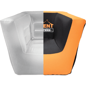 A split design inflatable chair, part of a chic inflatable furniture collection, boasts half in a translucent gray and the other half in solid black and orange. It features a logo on the backrest and showcases its modern, cube-shaped style perfectly.