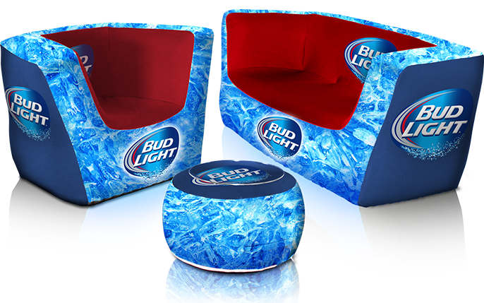 Two blue and red branded inflatable couches and a round ottoman, all displaying the Bud Light logo. The design includes ice patterns, creating a refreshing and inviting look.