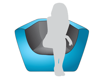 Silhouette of a person lounging on a modern, blue and gray armchair, evocative of sleek inflatable furniture, against a transparent background.