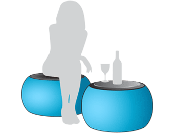 Silhouette of a person sitting on a blue round ottoman, reminiscent of inflatable furniture. Another ottoman serves as a table, holding a wine glass and a bottle. The background is transparent.
