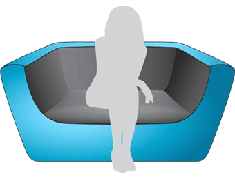Silhouette of a person lounging on a sleek, blue and gray couch, reminiscent of modern inflatable furniture.