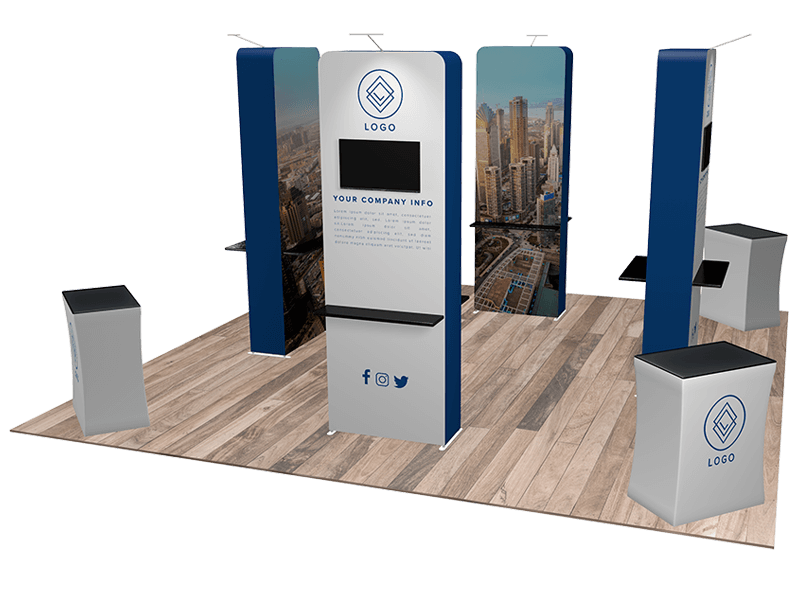 A 20x20 trade show display booth with a wooden floor features a central stand showcasing the logo and company info. Flanked by two tall vertical panels with cityscape backgrounds, it includes three podiums adorned with logos.