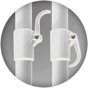 Close-up of two white plastic clamps with screws on vertical poles. The clamps have curved handles, and the background is a neutral gray.