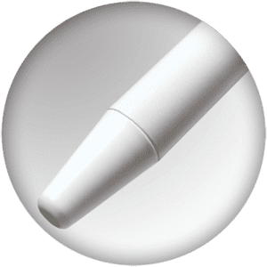 Close-up of a white stylus pen tip on a circular background. The pen has a smooth, sleek design, emphasizing its precision.