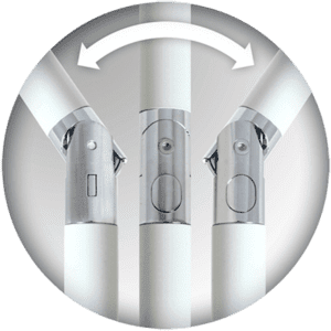 Image shows three metallic hinges on cylindrical poles with a white surface, arranged in a row. The hinges are shown at different angles illustrating flexibility. A white double-headed arrow above indicates movement.