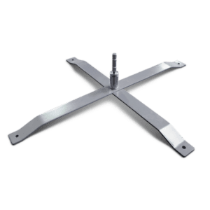 The Flag Heavy Duty X-Base features a metallic cross-shaped design with a central pole attachment, ensuring stability. Its four outward-extending arms have slightly raised edges, making it ideal for supporting structures such as flags or other poles.