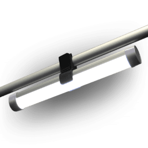 A Re-Chargeable LED Light is mounted horizontally to a rod using a black clip, featuring a sleek, modern design and grey end caps.