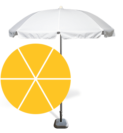 A white patio umbrella stands upright on a grey base, accompanied by a large yellow circle featuring white diagonal lines, resembling a stylized segmented design.