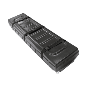 A durable black hard-shell case designed for securely transporting large canopies, such as those measuring 10’x10′ or 10’x15′. The case features secure latches, a textured surface, and handles, and it is set against a plain, light background.
