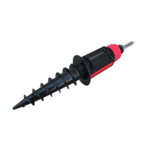 Image of the Ground Screw, featuring a black and red spiral design with a threaded tip and handle for securing items into soil. The screw is set against a plain, light-colored background.