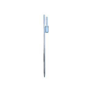 The Ground Spike and Ball Bearing, featuring a long, slender metal rod with a pointed tip and an attached cylindrical component near one end, is set against a plain background.