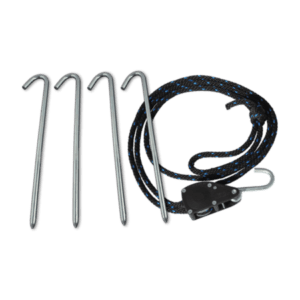 A set of four metal hooks is lined up beside a coiled black and blue rope that features an attached pulley from the Heavy Wind Stake Kit.
