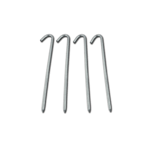 A set of four Professional Stakes, all silver with a hook at one end, are displayed parallel to each other on a green background.