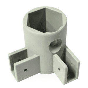 The V3 Canopy Frame - Corner Leg Slider - Part #10 is a gray, cylindrical plastic bracket featuring a hexagonal opening at the top and three rectangular extensions at the base, each equipped with a hole for mounting.