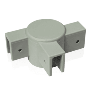 The V3 Canopy Frame - Middle Leg Cap (Part #11, 10x20 only) is a gray, cylindrical plastic fitting with a central hub and three rectangular arms featuring square openings and fastening holes, making it perfect for seamlessly joining or connecting structures.