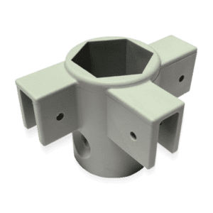 The "V3 Canopy Frame - Middle Leg Cap - Part #11 (10x20 only)" is an essential gray metal connector featuring a hexagonal center and four rectangular extensions, each equipped with a circular hole, designed for joining structural elements in the v3 canopy frame.