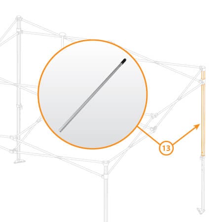 Illustration of the V4 Lite Canopy Frame - Upper Leg (Part #13). It is highlighted in a zoomed-in circle, providing a detailed close-up view. The background features an outline of the frame structure with connecting joints.