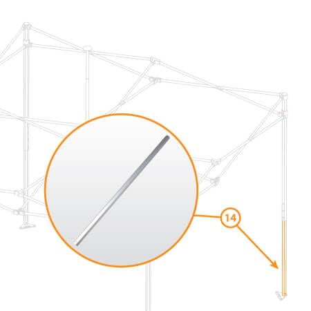 Illustration depicting the V3 Canopy Frame - Lower Leg - Part #14 used for tent pole repair. The component is emphasized in a circular zoom-in, with an arrow indicating its placement at the base of a tent structure and labeled with the number 14.