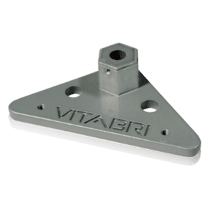 A triangular bracket from the V3 Canopy Frame, featuring a central raised hexagonal socket and two mounting holes on each side, with the brand name VITABRI engraved on its surface.