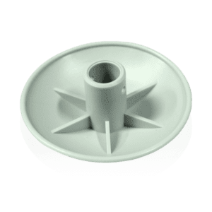 Image of a gray plastic circular base with a central cylindrical post and five radial supports. The base appears smooth and is likely a component of a larger assembly or stand.