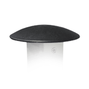 A black, dome-shaped item with a flat base is secured to a metallic bracket that features a small screw on the visible side. This V4 Canopy Frame - Peak Pole Cap, Part #1, appears to be designed as a wall-mounted fixture or device, potentially enhancing stability.