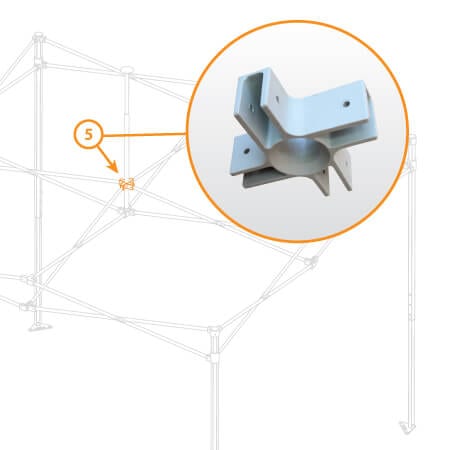 Close-up of the V3 Canopy Frame's Upper Peak Pole Bracket. The bracket is highlighted with a circle and labeled as Part #5, showing its position within the larger structural frame sketch.