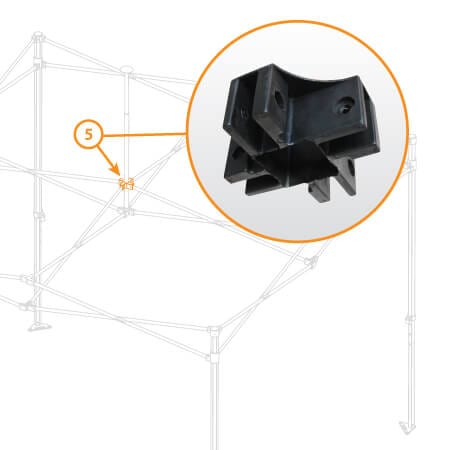 Illustration of the V4 (Lite or Steel) Canopy Frame featuring a close-up inset that highlights the Upper Peak Pole Bracket, labeled as Part #5, which is used to join sections of the frame.