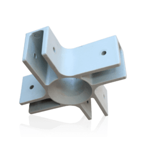 The V3 Canopy Frame - Upper Peak Pole Bracket - Part #5 is a metallic L-shaped bracket featuring multiple elongated holes for screws, specifically designed to connect beams or panels at right angles. It comes in a silver finish with a smooth surface and rests on a reflective surface, creating a soft shadow.