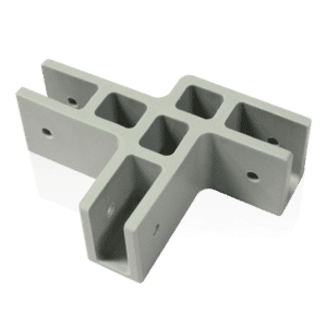 A V3 Canopy Frame - Bracket - Part #8, designed in a T-shape with multiple holes and slots for structural assembly or framing, is made of gray plastic. It rests on a plain background and casts a slight shadow.