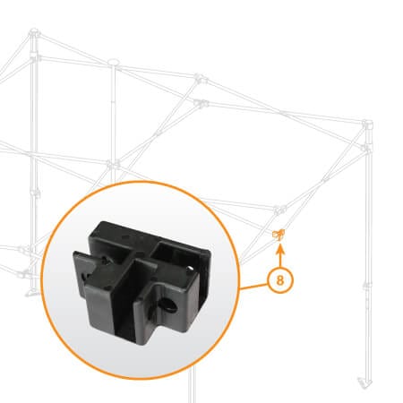 Close-up of the V4 (Lite or Steel) Canopy Frame - Bracket - Part #8, focusing on its details. In the background, a faint outline of a metal frame structure is visible with the bracket's position indicated by an arrow labeled 8.