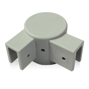 The V3 Canopy Frame - Corner Leg Cap - Part #9 features a gray design with a round central hub and three rectangular openings, each equipped with two small holes for screws or fasteners.