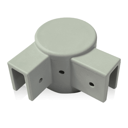 The V3 Canopy Frame - Corner Leg Cap - Part #9 features a gray design with a round central hub and three rectangular openings, each equipped with two small holes for screws or fasteners.