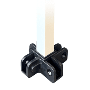 Close-up of a black mounting bracket securing the V4 Steel Canopy Frame - Upper Peak Pole + Cap + Spring - Part #1, featuring multiple cutouts and rounded edges designed to anchor the beam in place.