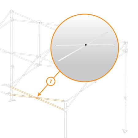 Diagram of a metal frame structure highlighting the V4 Steel Canopy Frame - Frame Truss - Part #7, showcasing a straight metal bar configured in an X shape as part of the canopy or tent frame.