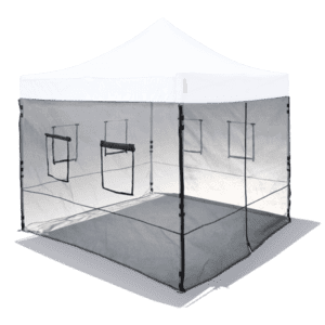 Food Vendor Tent Mesh Wall Set with a white roof and transparent mesh walls, featuring four mesh windows and a zippered door, set up on a flat surface with the frame visible through the mesh.