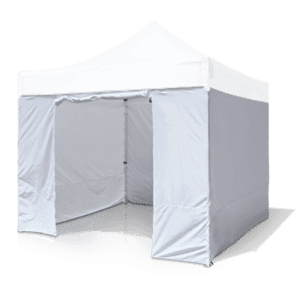 A Canopy Tent Wall Set with an open front, set against a plain background. Featuring a white color with a peaked roof and fabric walls to create a sheltered space inside.