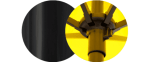 Close-up view of a black metal pole on the left and a yellow umbrella frame on the right, showing metal spokes and a circular hub.