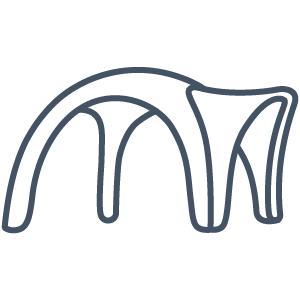 Abstract line drawing of an arched structure with three curved legs and flowing lines, resembling a stylized bridge or tunnel. The design is minimalist and symmetrical.