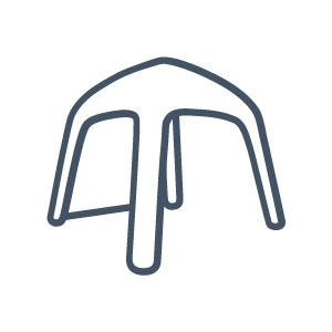 A simple line drawing of a stylized, geometric chair with four legs and a slightly arched seat. The design is minimalistic and abstract, focusing on the outline.