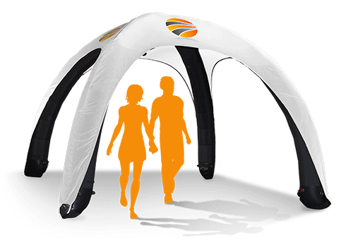 A large, custom inflatable tent with four arching legs stands tall. Two orange silhouettes, resembling a person and a child, walk underneath. The structure is adorned with a logo featuring orange, yellow, and grey stripes on top.
