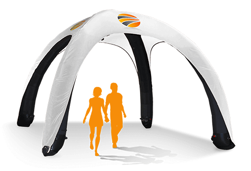 A custom inflatable tent with five arch-shaped legs showcases colorful circular logos. Two orange silhouettes, a woman and a man, walk underneath.