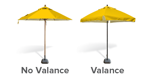 Two yellow outdoor umbrellas on stands. The left umbrella lacks a valance, while the right one features a valance. Shadows are cast on the ground. Text beneath reads No Valance on the left and Valance on the right.