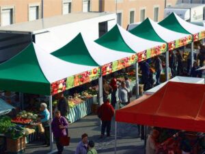A bustling farmers market scene unfolds with green and white tents. Vendors proudly display fresh fruits and vegetables under their market tents, while shoppers eagerly browse and gather around. The lively atmosphere is filled with vibrant activity.