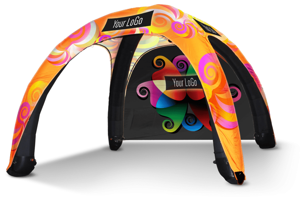 A vibrant custom inflatable tent with swirling orange, yellow, and pink patterns. It features a Your Logo placeholder on the top and back panel, along with a colorful abstract design at the back. The structure boasts four arching legs.