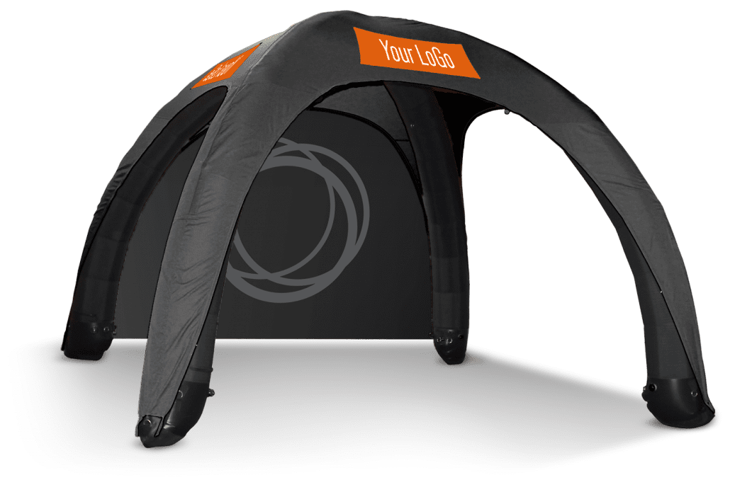 Custom inflatable tent in sleek black with four arched legs, crowned by an orange panel that proudly showcases the text Your Logo. The back wall boasts a striking circular design, offering both style and personalization.